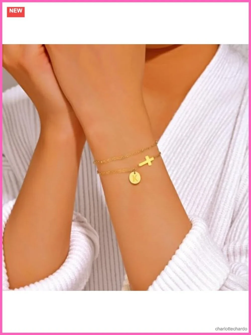 18K Gold Plated Cross Initial Bracelet Dainty Disc Charm Christian Gift
